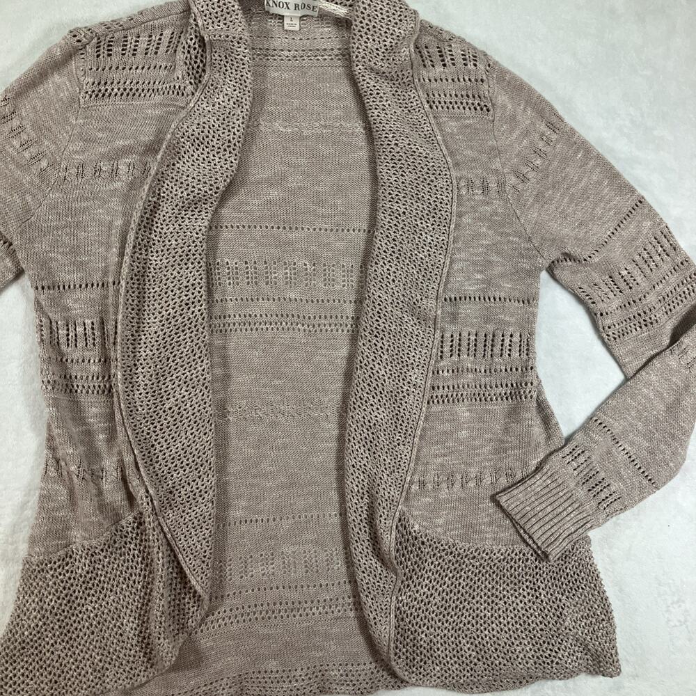 Knox Rose Cardigan SZ Large Open Front Crochet Eyelet Minimalist Bohemian Beige - Picture 4 of 13
